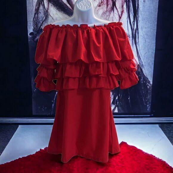 Boohoo  Red Ruffle Tiered Dress Size 6 - Picture 6 of 7